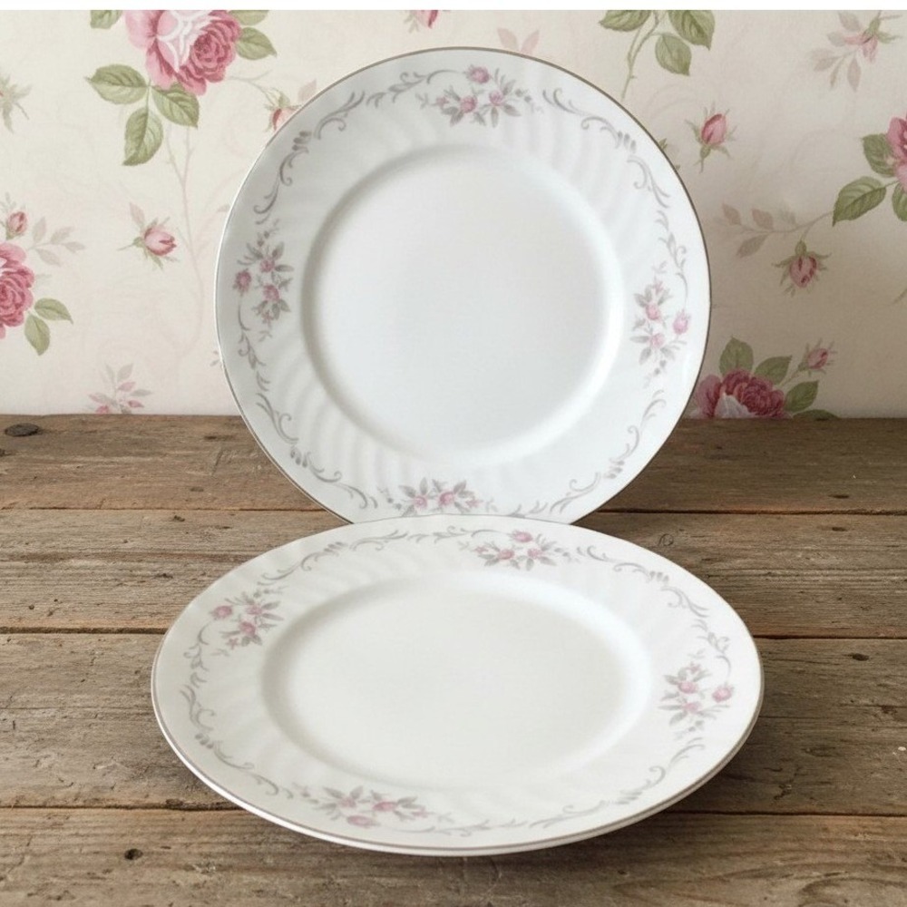 Gold Standard Fine China Dessert Plates, Set of 2, Vintage Pink Roses Dinnerware